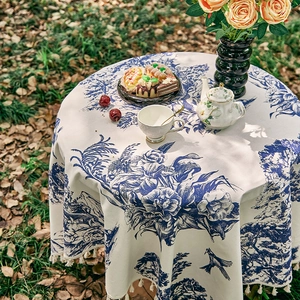 French vintage blue floral round tablecloth with fringe for garden picnic decor