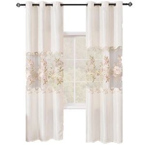Luxe cream chenille blackout curtains with pink floral embroidery and grommet top design