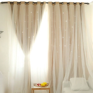 Double-layer blackout curtains in cream beige with white tulle and cutout stars