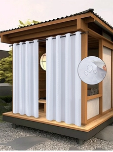 Detail view of white outdoor waterproof curtain fabric with water droplets on surface