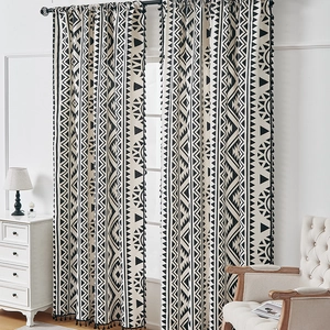 Bohemian black and white geometric print linen curtain with decorative black tassels
