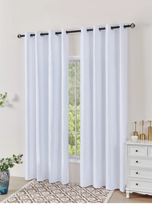 Detail of white outdoor waterproof curtains with geometric jacquard and metal grommets