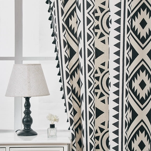 Bohemian black and white geometric print cotton linen curtain with chic black tassels