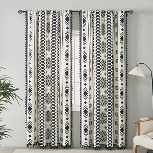 Bohemian geometric pattern cotton linen curtains with black fringe tassels for the bedroom