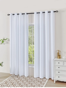 Detail of white blackout curtain with black metal grommets and high-density texture