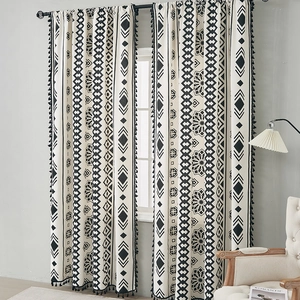 Bohemian geometric printed cotton linen curtains with black tassels for home bedroom