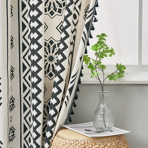 Bohemian geometric print cotton linen curtains with black pompom fringe for bedroom