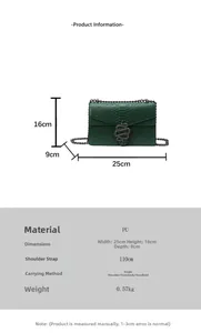 Details zur grünen Kroko-Tasche mit Maßen, Materialinfo und Kettenriemen-Spezifikation