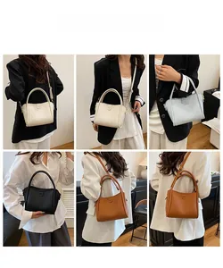 Collage of leather bucket bags in various colors shown on model in a soft lit studio