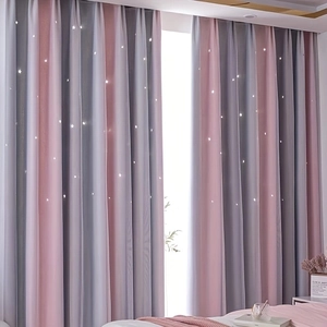 Pink and grey striped blackout curtains with hollow star pattern for kids bedroom