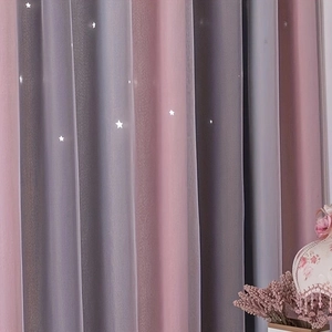 Double-layer pink and grey rainbow curtains with laser-cut hollow star designs for kids