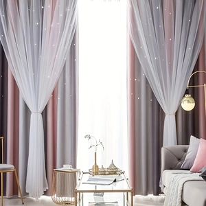 Pink and grey double-layer curtains with hollow stars and white lace tulle for kids rooms