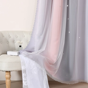 Dual-layer gradient pink and gray curtains with hollow stars and white tulle mesh overlays