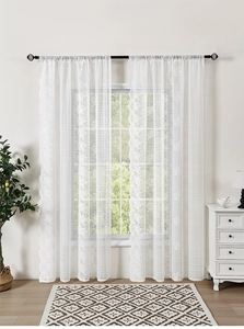 Detailed view of white floral embroidery lace curtain with elegant scalloped edges