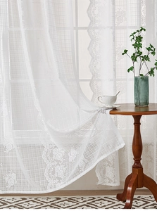 Close-up of white French lace curtain with floral patterns and scalloped edges in daylight