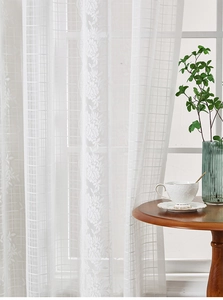 Close-up of white French lace curtain with delicate floral embroidery and mesh texture