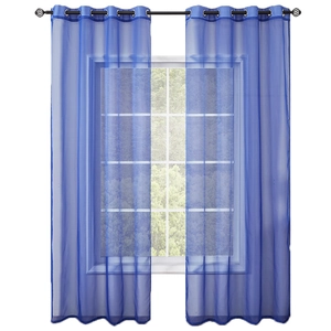 Blue semi-transparent sheer chiffon outdoor curtain with silver grommet top design