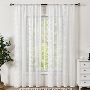 French Vintage Lace Sheer Curtains Floral Embroidery Scalloped Edge White Green Rod Pocket Window Drapes Bedroom Living Room
