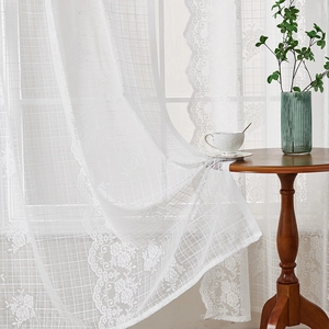 French style white lace curtain with floral embroidery and mesh grid texture for windows