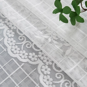 White French lace curtain with floral embroidery and delicate hollow mesh texture