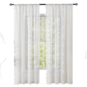 Set of two white floral lace curtains with rose patterns and elegant wavy edges
