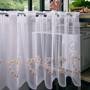 White lace cafe curtain with yellow daisy heart embroidery and wavy floral lace edges