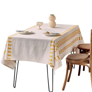 Minimalist rectangular waterproof tablecloth with yellow geometric embroidery and Nordic style