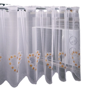 French lace cafe curtain with yellow daisy heart patterns and scalloped hem design