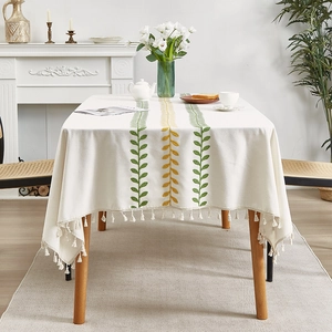 Nordic cotton linen tablecloth with leaf embroidery and tassels for dining tables