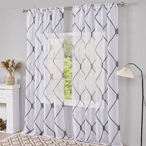 Modern white sheer curtains with gray geometric wave patterns for home living room decor