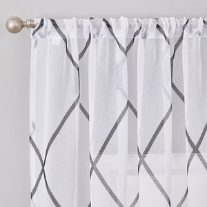 Nordic white sheer curtain with grey diamond grid pattern and rod pocket design
