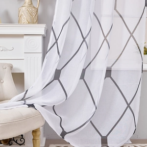 Modern white semi-transparent sheer curtain with black geometric diamond pattern for living room