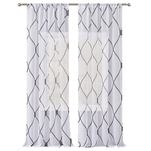 Modern Nordic semi-sheer white curtain with grey geometric wave pattern and rod pocket