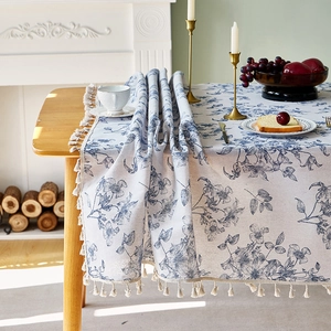 Vintage Nordisch Baumwolle Leinen Tischdecke mit eleganten Fransen und blauen Mustern