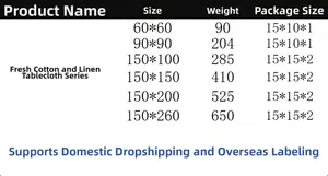 Size chart for floral cotton linen tablecloth showing dimensions, weight, and packaging info