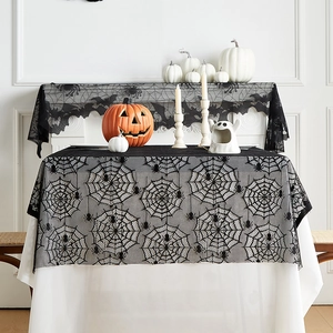 Halloween zwart kant spinnenweb tafelkleed en vleermuis haard loper decoratie set