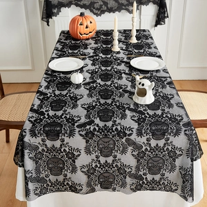 Halloween Black Lace Tablecloth Gothic Skull Moth Pattern Rectangle Table Cover For Haunted House Party Decor
