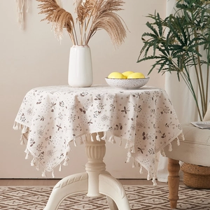 Tablecloth Cotton Linen Floral Geometric Pattern Tassel Edge Dustproof Heat Resistant Decorative Dining Coffee Table Home Decor
