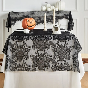 Halloween black lace tablecloth with gothic skull and floral pattern for party decor