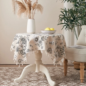 Floral cotton linen round tablecloth with beige fringe tassels in Nordic style