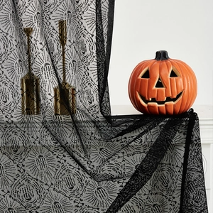 Halloween black lace door curtain with spider web pattern and festive pumpkin decor