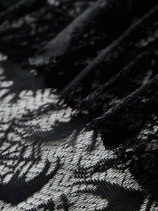 Detailed macro view of black lace fabric featuring floral cutouts and pleated texture