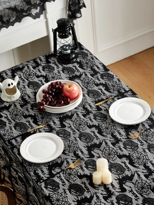 Lace Halloween tablecloth with spider web, bat, and pumpkin patterns for festive party decor