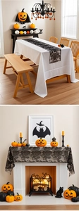 Close-up of black lace Halloween table runner featuring pumpkin and bat patterns