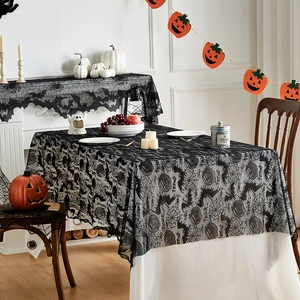 Halloween Black Lace Tablecloth Gothic Spider Web Bat Pumpkin Trick Or Treat Hollow Table Cover Rectangular Party Decor