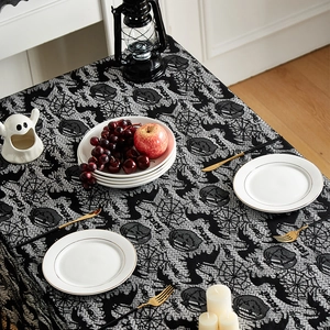 Halloween black lace tablecloth with Trick or Treat motifs and spooky holiday spider patterns