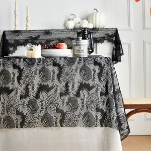 Black Halloween lace tablecloth with bat and pumpkin patterns for gothic party decor