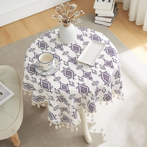 Bohemian purple geometric diamond pattern round cotton linen tablecloth with fringe