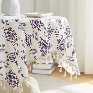 Ethnic style cotton linen tablecloth with purple geometric patterns and beige tassels