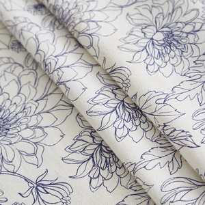 Floral cotton linen tablecloth with blue chrysanthemum print for rustic home decor